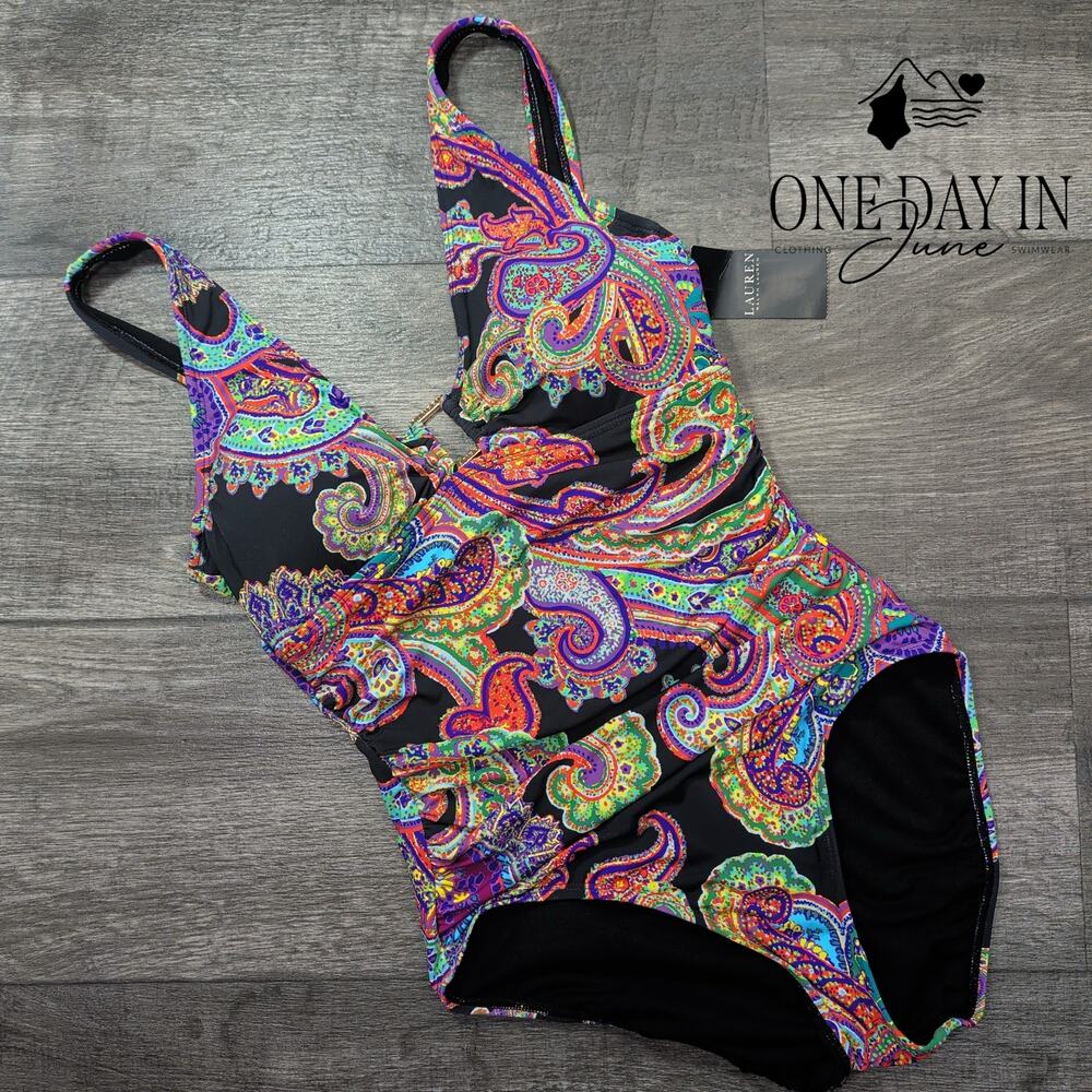 Ralph Lauren Paisley Ruched One Piece Swimsuit Multicolor NWT Size 6